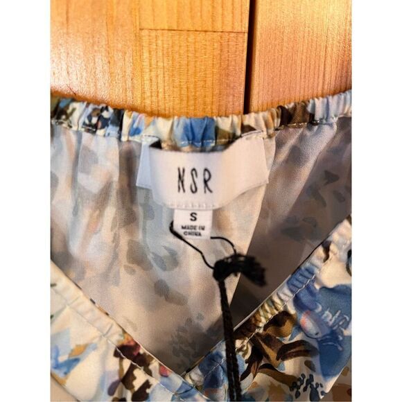 NSR Puff Sleeve Smocked Mini Dress Satin Short  Ivory Blue Floral Size Small nwt - Picture 5 of 7